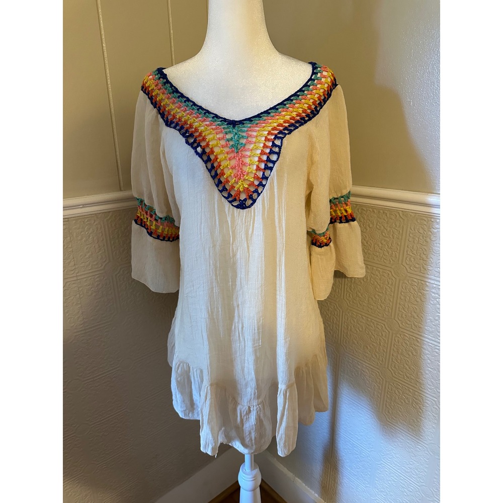 Unbranded Ivory Cotton Tunic Rainbow Crochet Neckline Boho Ruffle Hem Top